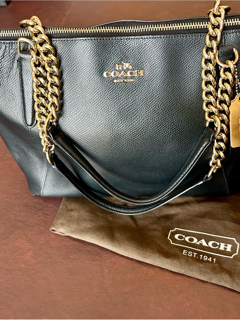 Coach Black Leather Tote with Gold Chain Straps